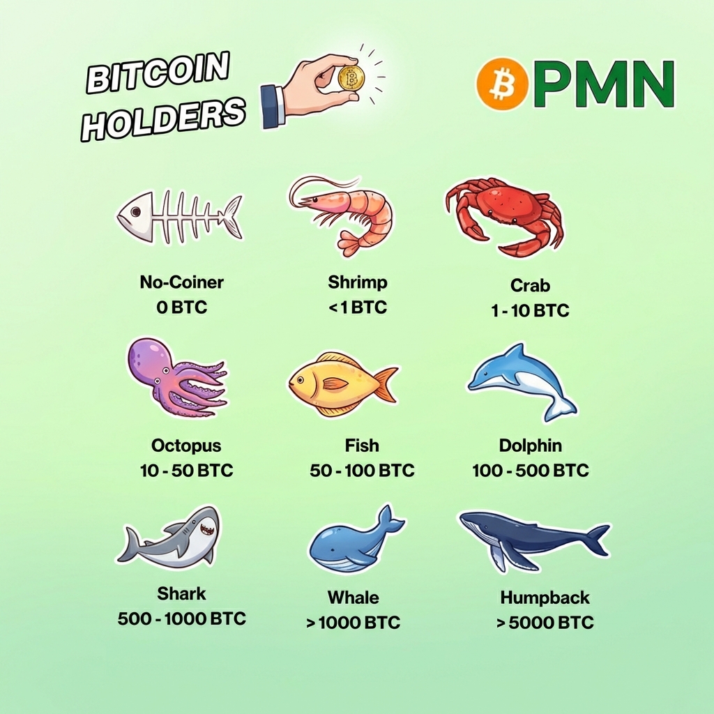 Bitcoin has its own “ocean ecosystem” 🐟 🍤 Shrimp (<1 BTC) → 🦀 Crab  (1–10) → 🐙 Octopus (10–50) → 🐬 Dolphin (100–500)… The bigger the stack,  the more intimidating the animal —