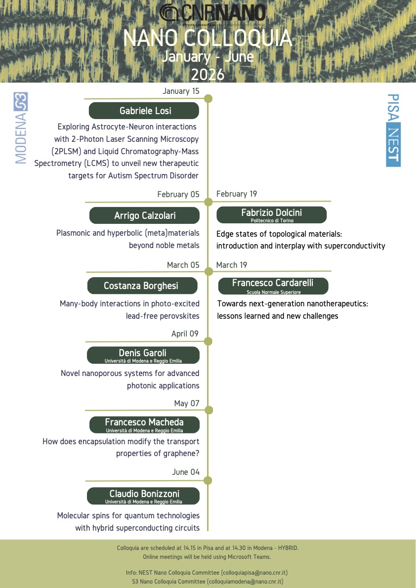 We are pleased to share the #NanoColloquia 2026 by #CnrNano.
Presentations by our researchers and collaborators across the Institute’s scientific areas.
🗓️ Save the dates!

[Calendar subject to updates]
<a href="/CNRsocial_/">CNR Consiglio Nazionale delle Ricerche</a>