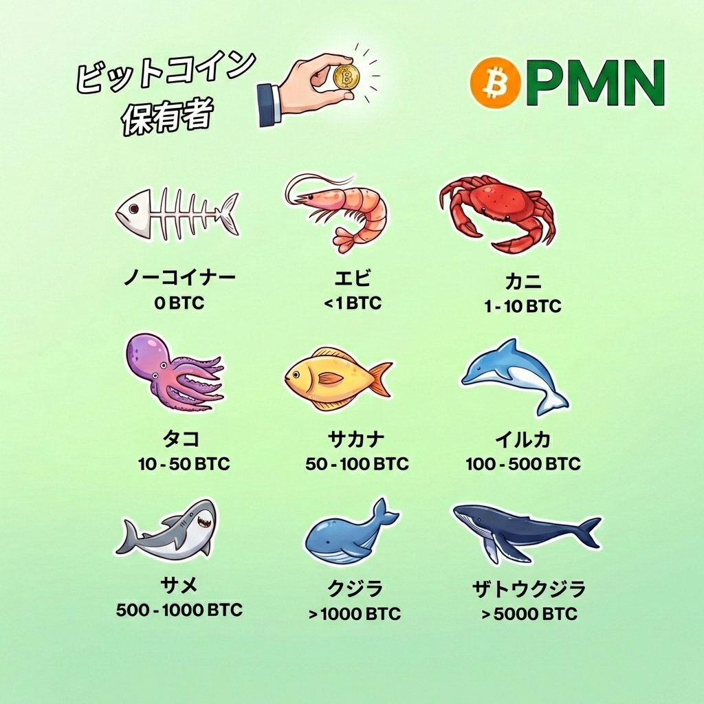 ビットコイン保有量に応じたホルダーの愛称：「海の生態系」って、こういう感じらしい🐟 🍤エビ（1 BTC未満）→ 🦀カニ（1–10）→ 🐙タコ（10–50）→  🐬イルカ（100–500）… 増えるほど強そうな名前になるの、ちょっと笑う。 でも本質はラベルじゃなくて、どう積み上げ ...