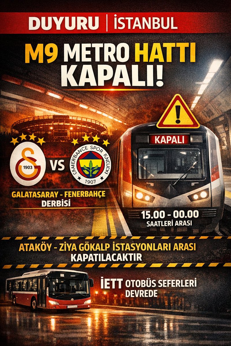 📢 Duyuru | İstanbul
İstanbul’da  oynanacak Galatasaray–Fenerbahçe derbisi nedeniyle M9 Metro Hattı, 15.00–00.00 saatleri arasında Ataköy–Ziya Gökalp istasyonları arasında işletmeye kapatılacak.
Bu saatlerde güzergâhta İETT otobüs seferleri düzenlenecek.

#İstanbul #M9Metro