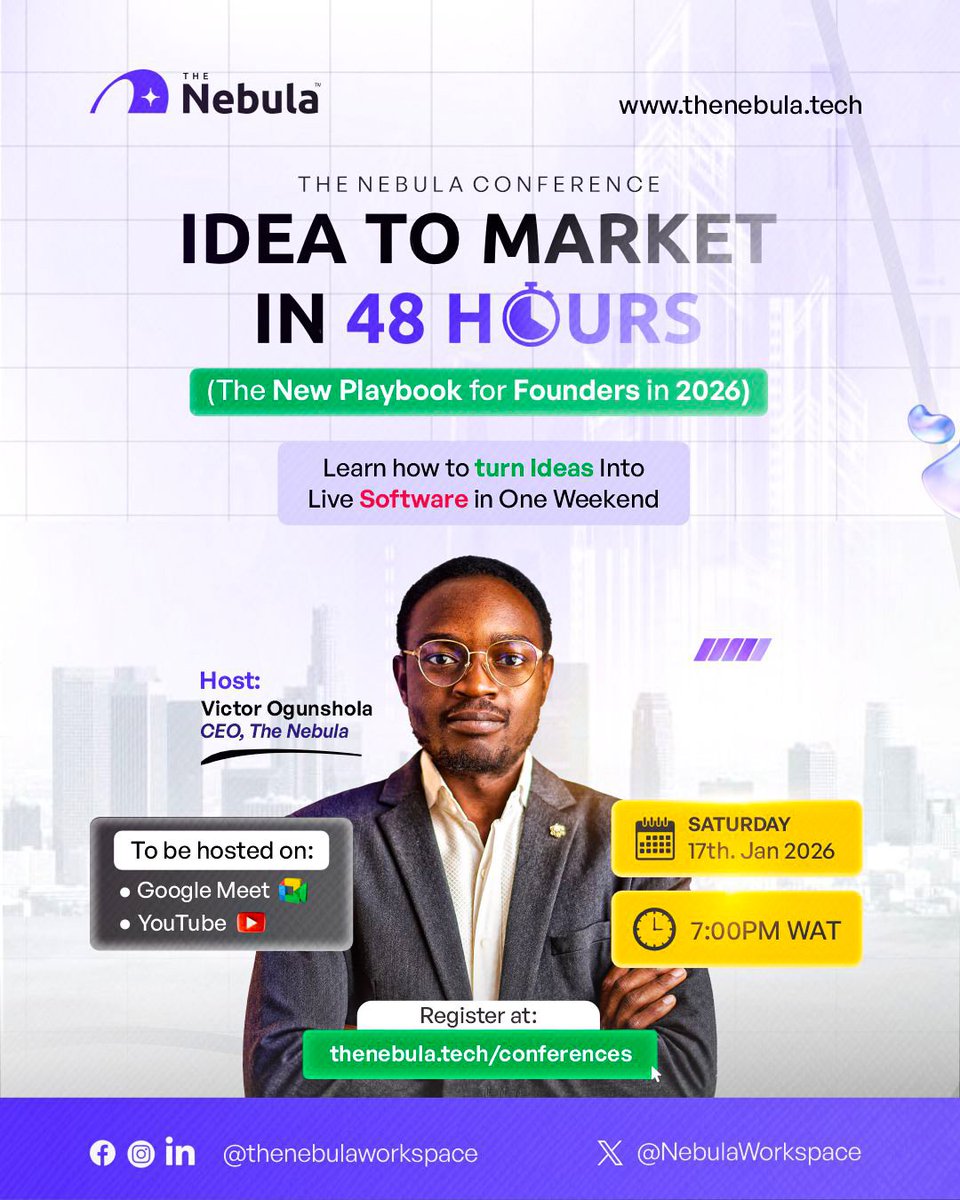 NebulaWorkspace's tweet photo. If you are a founder or business owner with an idea, the real risk is not building.
The real risk is waiting.

Register here and listen to how founders can turn ideas into live software in forty eight hours using AI and the right execution process : https://t.co/Pm9QtkcYnM https://t.co/TbJoZDDBUY