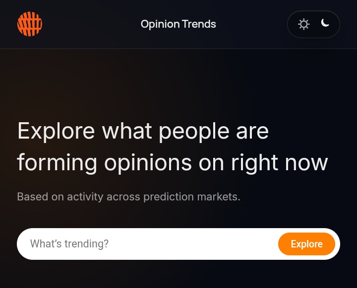 opiniontrendsss's tweet photo. You asked, we shipped. 🧡

Opinion Trends just got an upgrade:

→ Now you can switch between Dark / Light mode.

→ Premium search experience.

→ Shareable market cards.

We’re shipping fast and we got more improvements coming for you.

Try it &amp; tell us what you want next. https://t.co/SdGH6ZQvLC