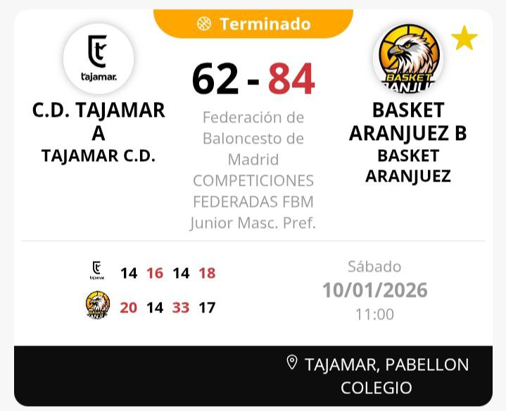 BasketAranjuez's tweet photo. Victoria del #JunMasc en su visita a @CD_Tajamar. #Alberto: "Buen partido con mucha intensidad en la mayoría de los minutos. Empezamos bien la segunda vuelta con el objetivo de ser más constantes en nuestro juego." https://t.co/l3CjKlZvZy