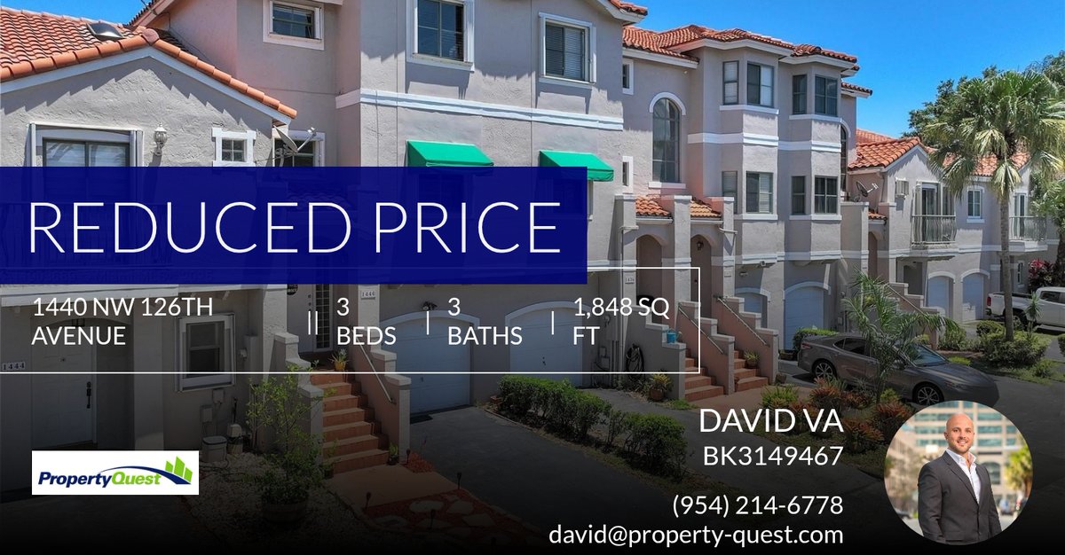 property_quest's tweet photo. 📍 Reduced Price 📍 This recently reduced home at 1440 Nw 126th Avenue in Sunrise won't last long, so, don't wait to set up a showing! Reach out here or at (954) 214-6778 for more information!

David Va | PropertyQuest®
Director of... https://t.co/JRbo6cAQbr https://t.co/Y6diuHJMjs