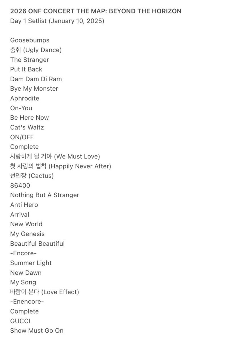 2026 #온앤오프 #ONF CONCERT THE MAP: BEYOND THE HORIZON Day 1 Setlist