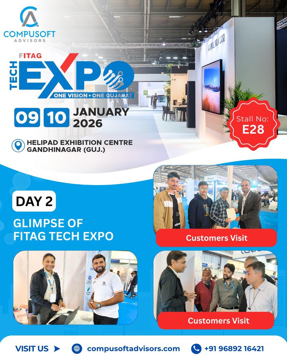 CompusoftAdvise's tweet photo. Day 2 -#FITAGTECHEXPO2026 
Two engaging days of conversations with partners, customers &amp; students on #AIadoption, #Microsoft365 Copilot &amp; business transformation.
Ready to start your AI journey? Connect to see how #MicrosoftAI drives real impact. 
marketing@compusoftadvisors.com https://t.co/HWGqtBS3UL