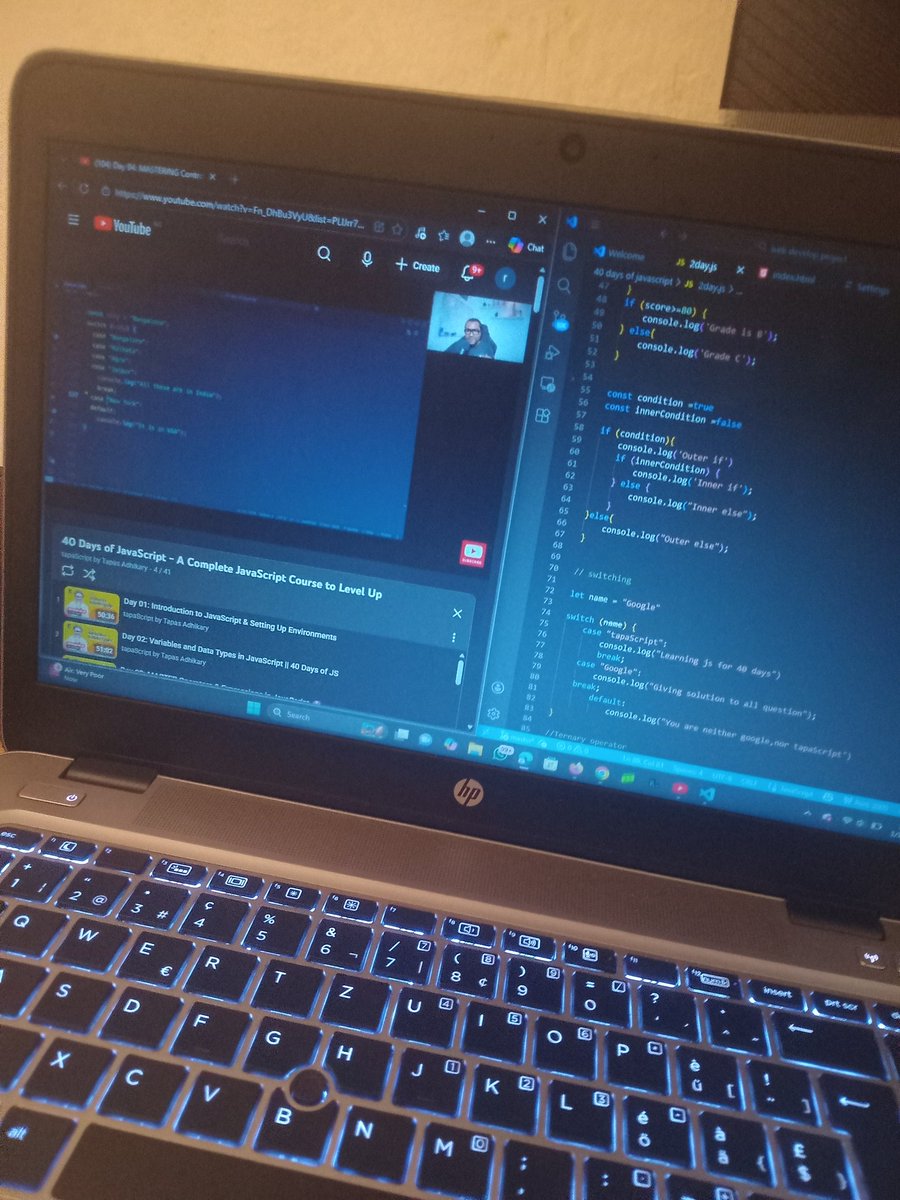 0xApana's tweet photo. Day 4 of #40DaysOfJS
Learning Control Flow โ teaching my code how to make decisions.
if, else, switch โ logic unlocked. ๐ป
#JavaScript #CodeNewbie #LearningInPublic https://t.co/APeVtB65sA