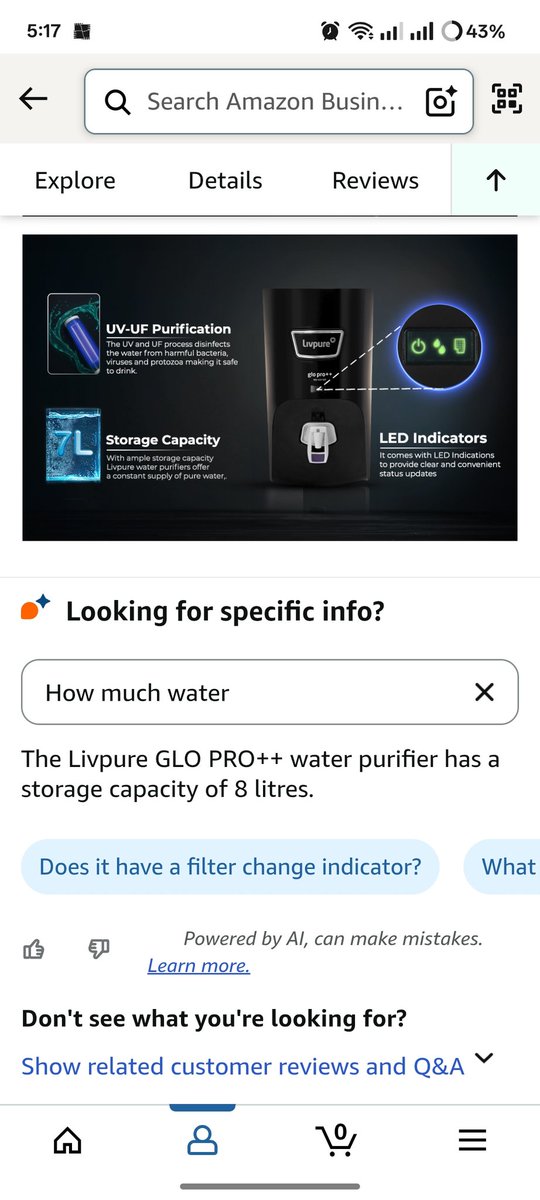 GuysWorldIndia's tweet photo. @Livpure_India 
Purchased Livpure GLO PRO++ on Amazon. Listing shows 8L capacity. Actual output less than 4 litres. Livpure technician says capacity is only 7L but says total output will be only 5L as 2 litres will remain in tank. @LivpureSmart https://t.co/j6zZnSOqsk