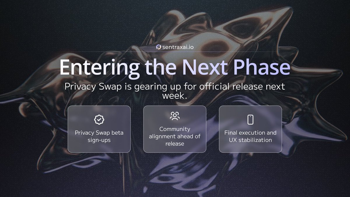 SentraxProject's tweet image. Entering the Next Phase

Following the beta announcement, the Privacy Swap has moved into its community sign-up phase ahead of official release.

This stage establishes early participation and locks in rollout momentum as final preparations are completed across the execution path…