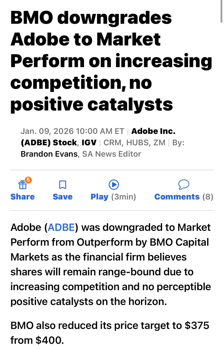 BMO Capital Markets 下調$ADBE 評級，受Canva 競爭加劇與催化劑缺乏影響BMO 將$ADBE 的股票評級從Outperform  下調至Market Perform，理由是競爭壓力日益增加，且短期內缺乏明顯的利好催化劑，預計股價將維持區間震盪。 同時，BMO 將其目標價由