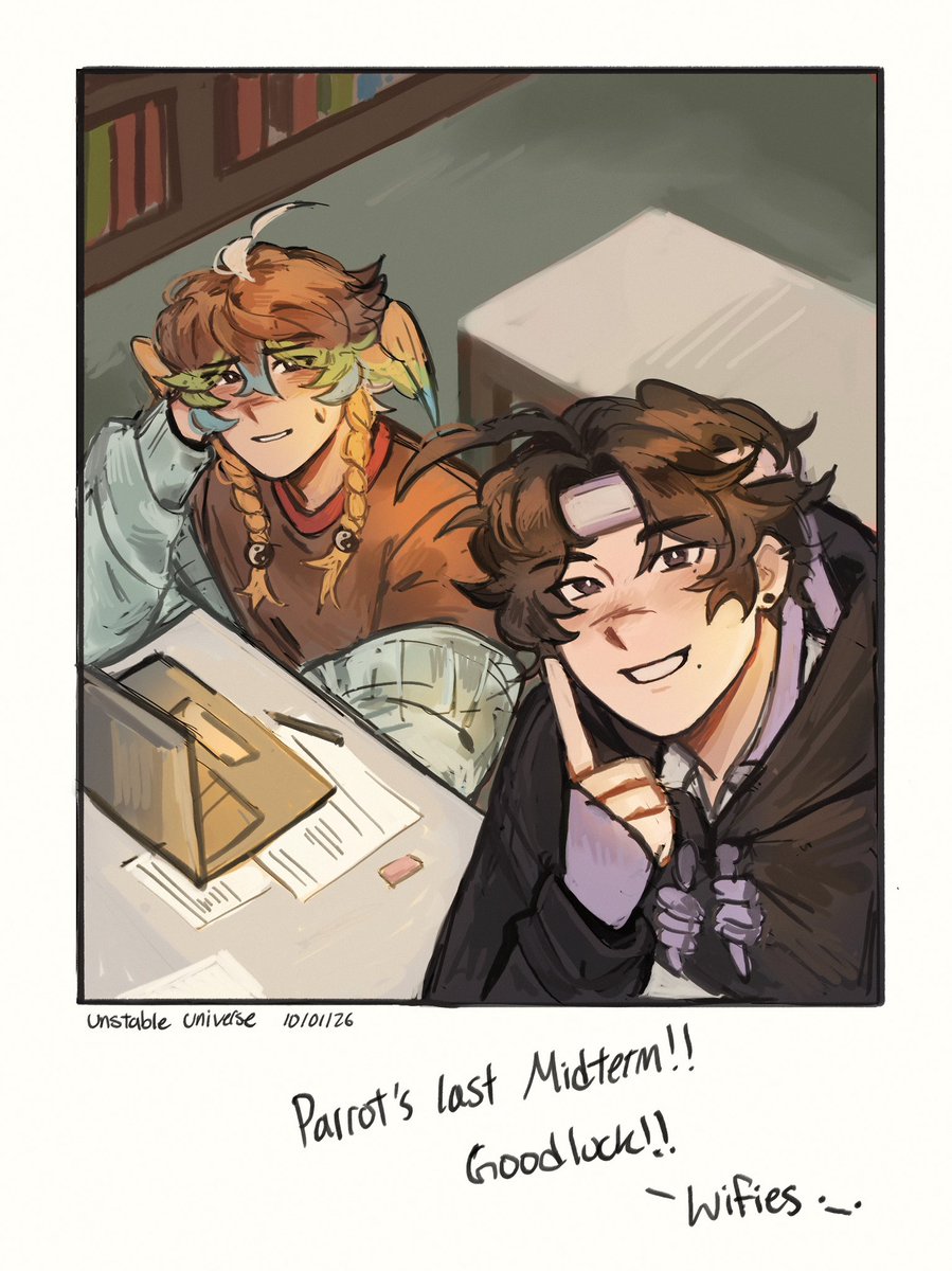 Keeping company (more college au)
 #unstableuniverse #odysseyduo #wifies #parrotx2