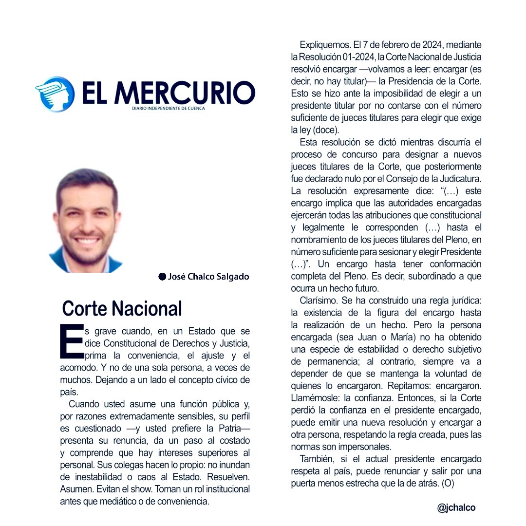 Corte Nacional⚖️Ni aferrados a puesto ni colegas en show🤨Un encargo no genera derecho subjetivo de permanencia👉🏻Se puede cambiar a persona encargada presidencia👉🏻O, ésta puede renunciar y salir por una puerta🚪menos estrecha que la de atrás💡
Una Su(in)gerencia👆🏻
