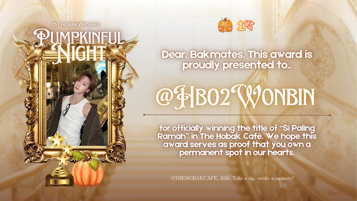 HOBAKPOINT's tweet image. Congratulations to @HB08RORA @HB00RENJUN for winning “si paling niat”! And to @HB93YOUNGK @HB02WONBIN for getting “si paling friendly” Thank you for adding color to Hobak with your presence. 🏆🧡