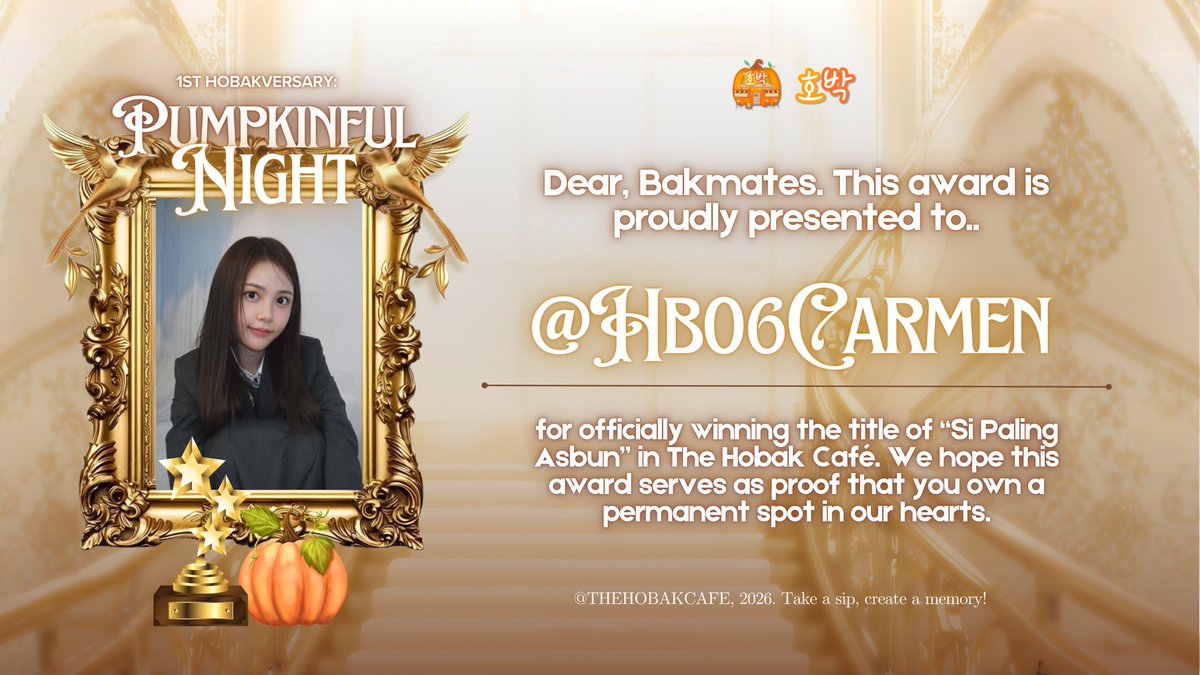 THEHOBAKCAFE's tweet image. A big round of applause to @HB93SUNGJIN @HB94JAEBEOM for getting “si paling bapak-bapak”, and congratulations to @HB00JENO @HB06CARMEN “si paling asbun” Thank you for making Hobak such a fun home. 🏆🧡