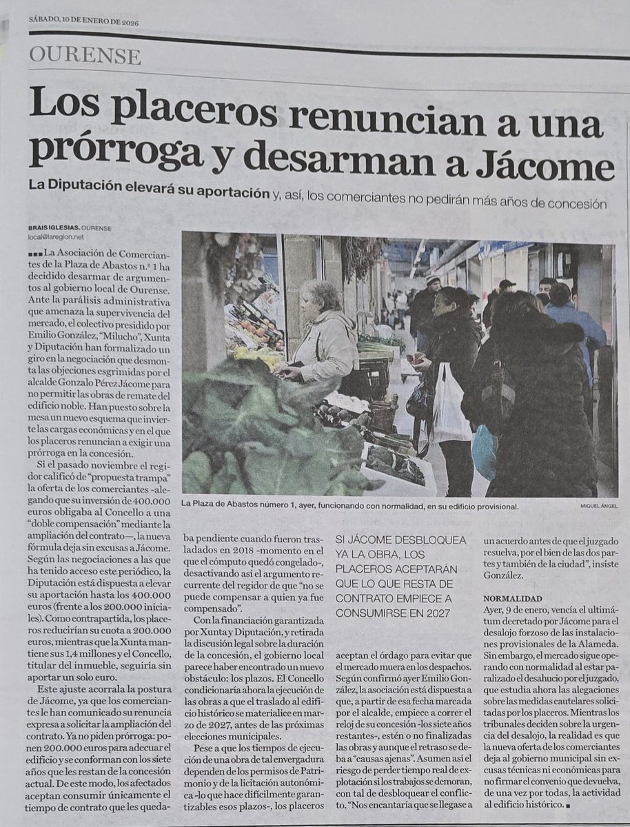 🤥 Siempre la letra pequeña... Pese a la portada y página entera en La💩Región, de la primera foto se deduce la trampa: se irán de la Alameda cuando se terminen las obras, que ya se encargarán ellos y la Xunta, para que duren y duren como las del Museo Arqueológico.