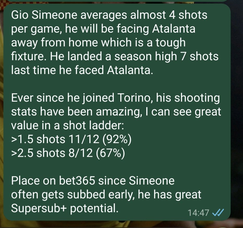 BetsConStats's tweet image. Value opportunity?

Gio Simeone shots for Torino:
&amp;gt;1.5 shots 11/12 (92%)
&amp;gt;2.5 shots 8/12 (67%)

He will be facing Atalanta away, which is a tough fixture. In the home game against Atalanta he produced a season-high 7 shots!

I think the prices set are generous.

@StatsHubCom
