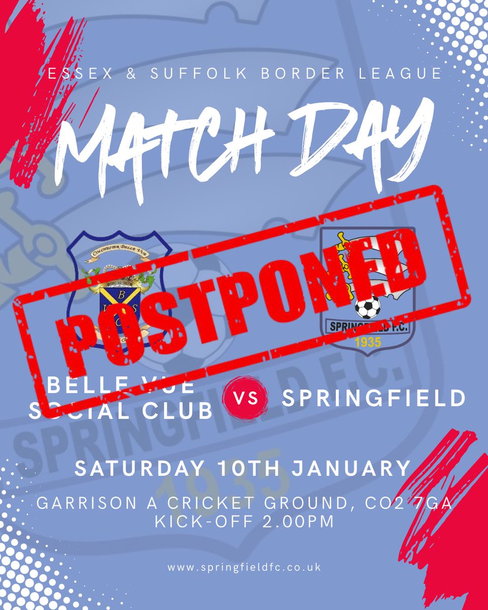 SpringfieldF's tweet image. 💙❤️ MATCH POSTPONED 💙❤️

Today’s away league fixture vs Belle Vue Social Club has been postponed due to the weather.

A new date will be confirmed.
Stay safe 💙❤️

#SpringfieldFC #UpTheField