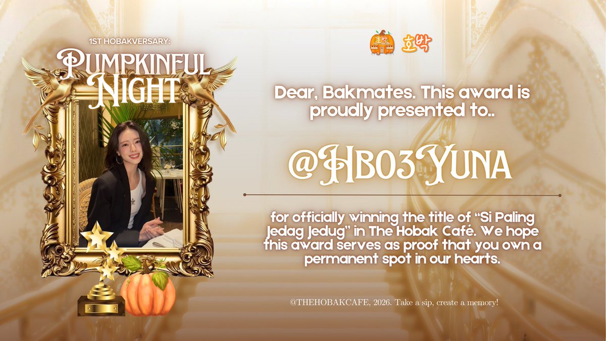HOBAKCARD's tweet image. Round of applause for @HB04WONYOUNG for “si paling boros”, and congratulations to @HB03YUNA for “si paling jedag jedug” and last, @HB93MINHYUK for “si paling loyo” Thank you for adding color to Hobak with your presence. 🏆🧡