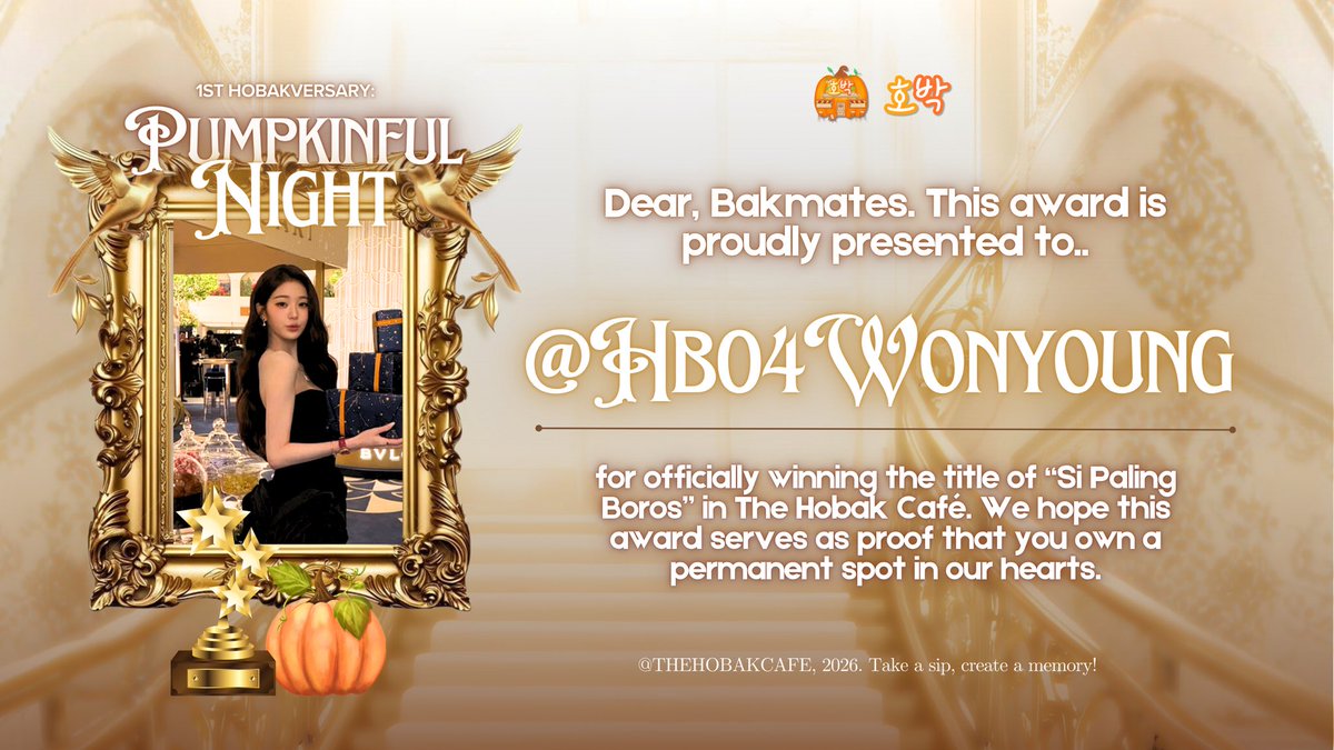 HOBAKCARD's tweet image. Round of applause for @HB04WONYOUNG for “si paling boros”, and congratulations to @HB03YUNA for “si paling jedag jedug” and last, @HB93MINHYUK for “si paling loyo” Thank you for adding color to Hobak with your presence. 🏆🧡