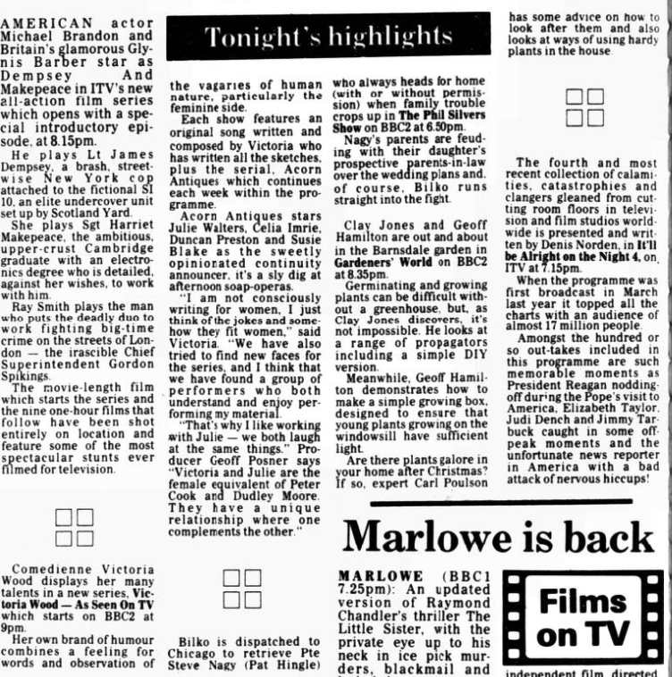archivetvmus71's tweet image. Tonight's (11th January 1985) television highlights include two new series - Dempsey &amp;amp; Makepeace and Victoria Wood: As Seen on TV.