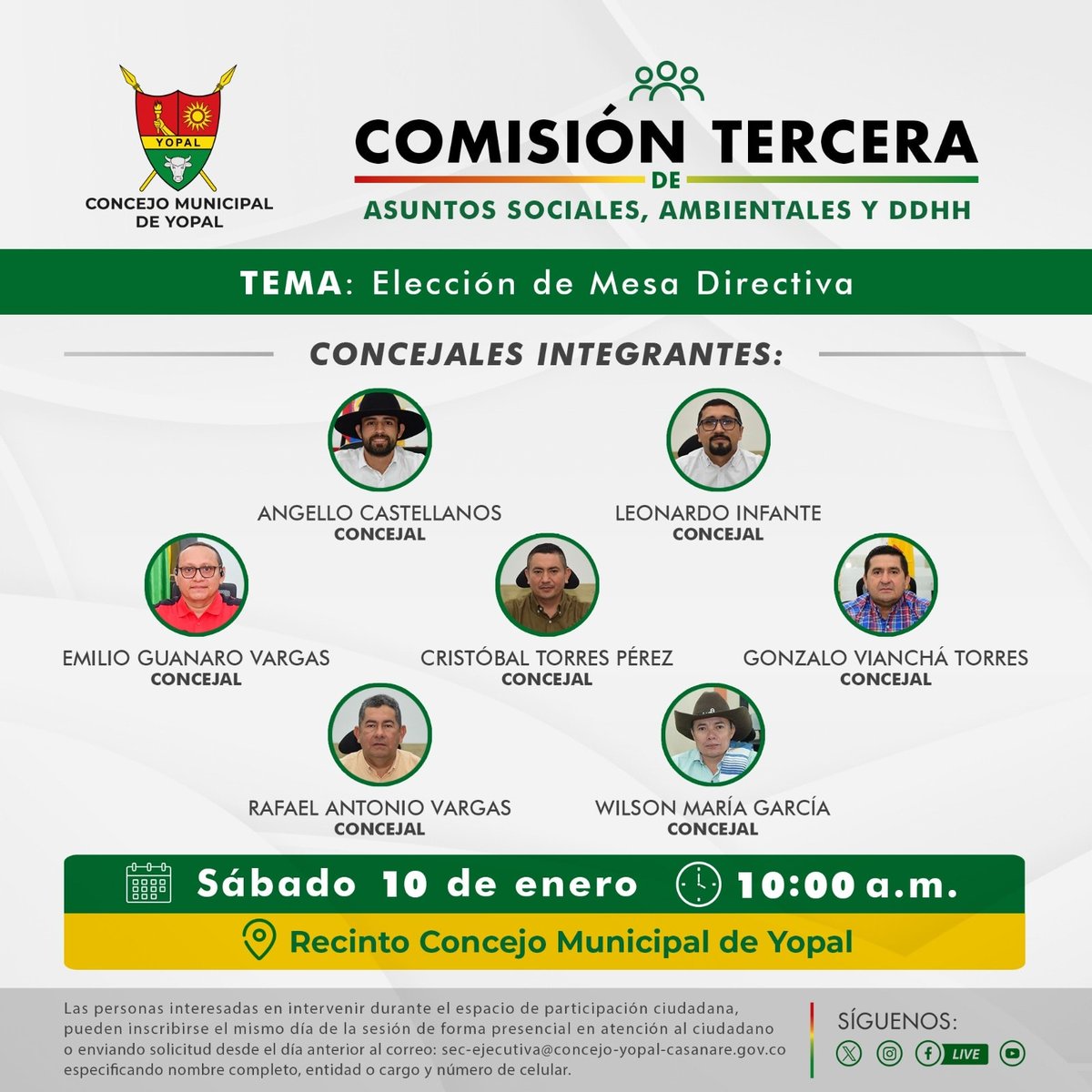 Este sábado 10 de enero se realizará sesión de las Comisiones Permanentes conforme al siguiente horario:
- Comisión Primera de Planeación: 8:00 a. m. - Comisión Segunda de Presupuesto y Asuntos Fiscales: 6:00 p. m. - Comisión Tercera de Asuntos Sociales, Ambientales : 10:00 a. m.