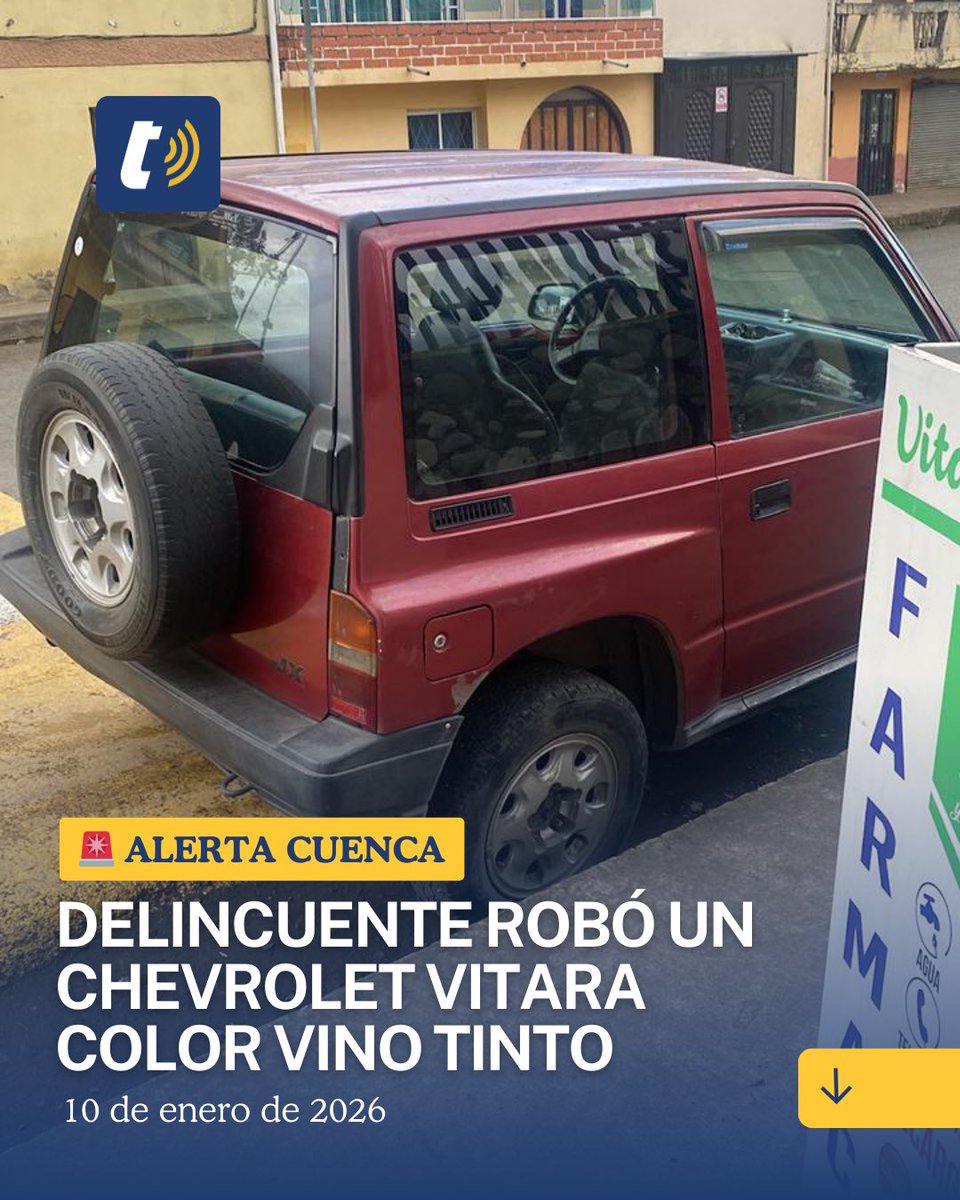 🚨 ALERTA CUENCA
Delincuente robó un Chevrolet Vitara color vino tinto, placa PLM-202.
📍 Av. Ricardo Durán y Pedro Vicente Maldonado.

📞 Cualquier información, comunicar a la Policía Nacional (911).

#Cuenca #AlertaCiudadana #VehículoRobado 🚓