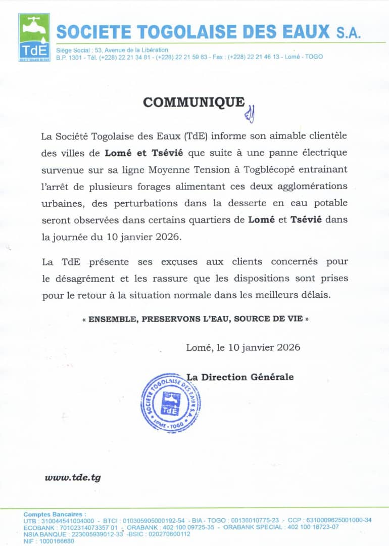 #Togo🇹🇬
#LaTdECommunique

Dans ce communiqué, la TdE apporte des précisions sur les perturbations de la desserte en eau dans les villes de Lomé &amp; Tsévié, &amp; rassure les clients quant aux dispositions prises pour un retour à la normale dans les plus brefs délais.