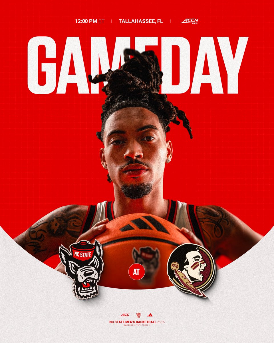 PackMensBball's tweet image. Gameday in the Sunshine State. 

🆚: Florida State 
🕛: 12:00 PM ET
📍: Tallahassee, FL
📺: ACC Network