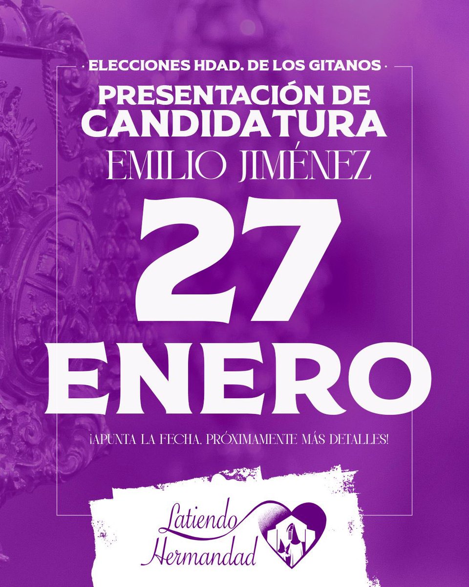 🗓️ RESERVA LA FECHA

✍️ Martes 27 de enero, Presentación de la Candidatura de Emilio Jiménez.

⏳ Próximamente todos los datos sobre lugar y hora.

💜 Una jornada para conocer de forma personal nuestras propuestas y compartir impresiones entre hermanos #DeCorazónMorado