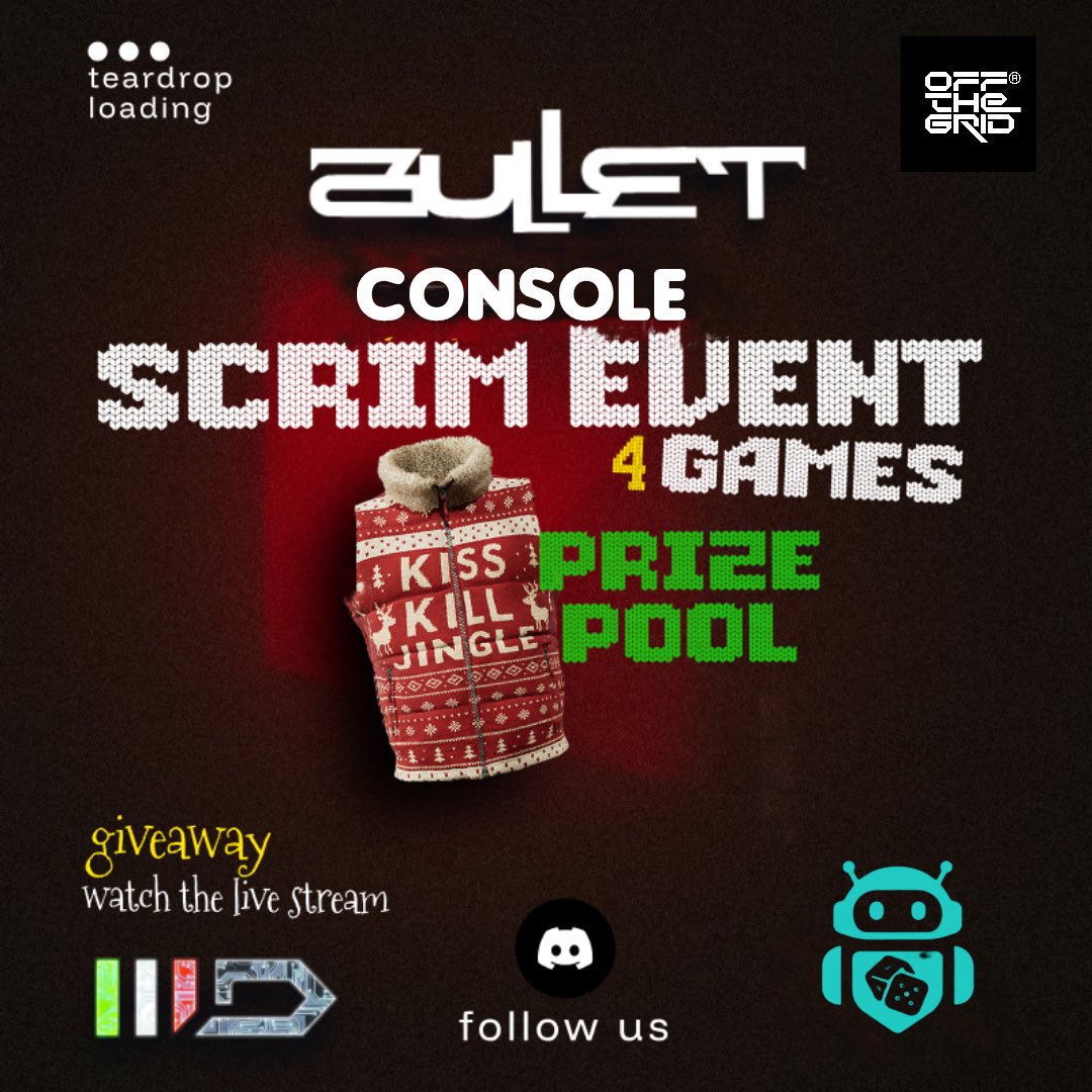 🎮 Console Scrims Event - Registration Opne
🏆 Jingle Puffer prizes for 4 teams
🎁 Extra 3 live stream viewers
🕗 Saturday 17th — 20:00 UTC
📝 Registration via MatchCraft (Bullet Discord)
👉 Join &amp; register  discord.gg/Rm9pQU2Q
#ConsoleScrims #BattleRoyale #Esports #Giveaway