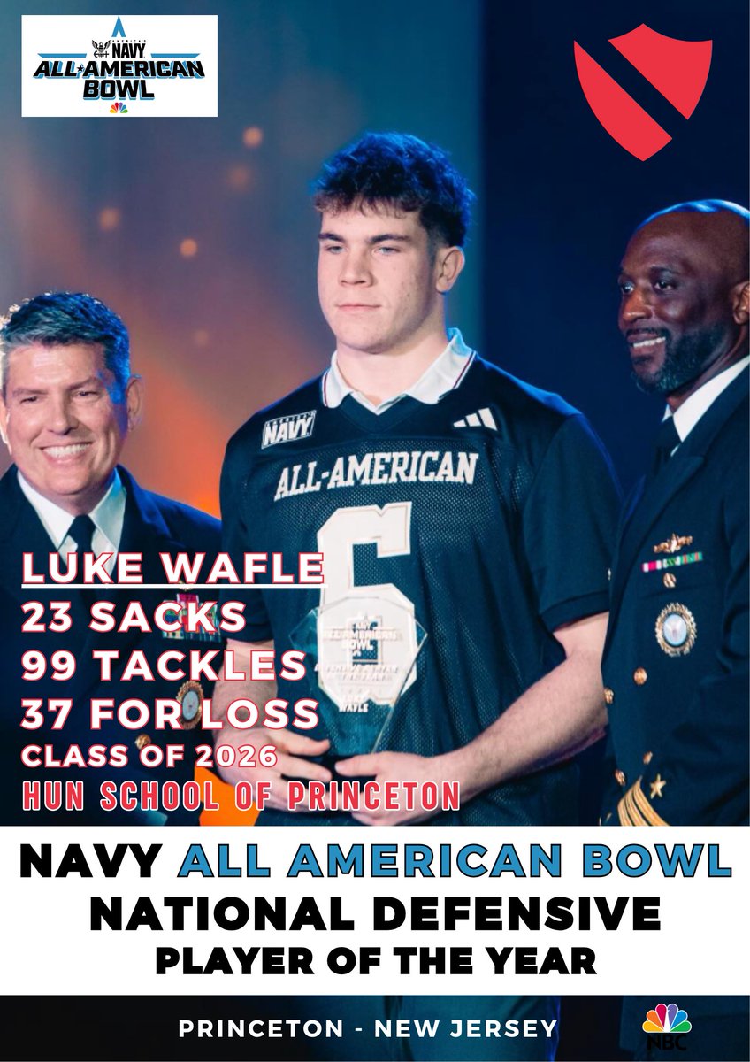 2026 Hun School Captain <a href="/WafleLuke/">Luke Wafle</a> has been named the National Defensive Player of the Year by the <a href="/AABonNBC/">Navy All-American Bowl</a>.  So proud of this young man and everything he has accomplished this year.  #HunFootball #Family