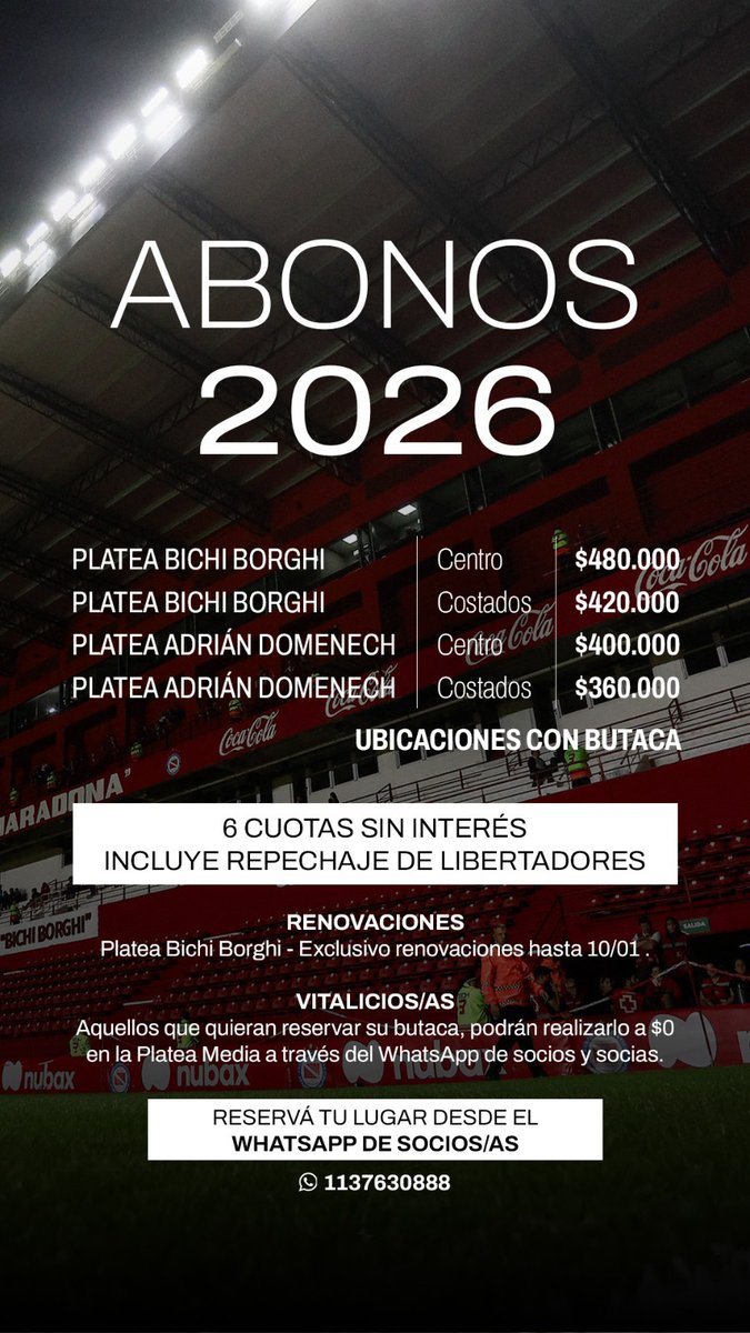 #AAAJ 🏟️ ¡Adquirí tu abono para el 2026!
Ya podés renovar tu butaca a través del wa.me/5491137630888.

¡Ingresá y conoce más!🇦🇹
argentinosjuniors.com.ar/noticias/futbo…

<a href="/SociosAAAJ/">Oficina de Socios y Socias AAAJ</a> 🤝 @SCDHAAAJ