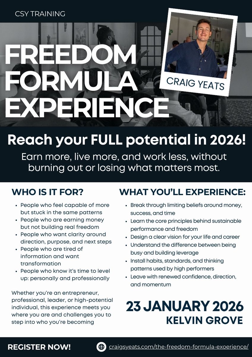 CraigSYeats's tweet image. Success without clarity creates pressure, not freedom.

On 23 January 2026, I’m hosting The Freedom Formula Experience, a live environment to reset how you think about work, money, and time.

🔗 craigsyeats.com/the-freedom-fo…