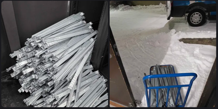 seed_box's tweet photo. Just a few rack rails to haul through the snow to our 2nd datacenter... It takes a lot of steps before lights on a server. https://t.co/XsOkjP9DYx