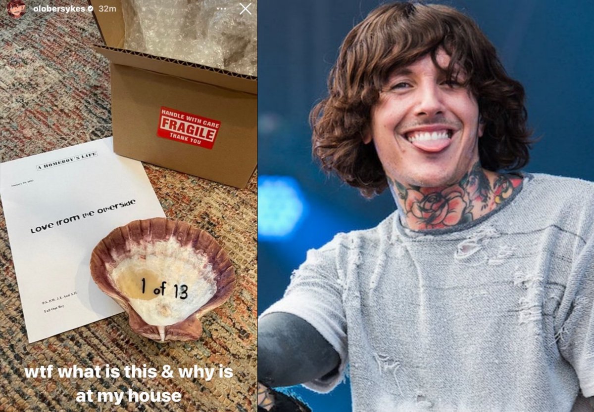 SOTSPodcast's tweet photo. Fall Out Boy sent Oli Sykes (Bring Me The Horizon) a seashell on this day 3 years ago. https://t.co/S6c4V5Ldw1