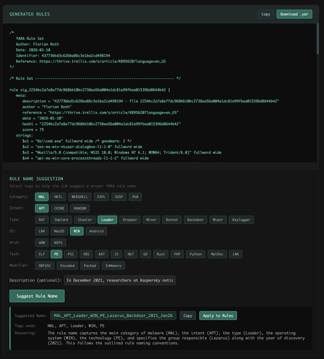 cyb3rops's tweet image. yarGen-Go is out

- full Go rewrite of yarGen
- CLI + local web UI
- generates YARA rules from malware samples
- filters strings using large goodware databases
- ASCII + UTF-16 string extraction
- opcode extraction (PE + ELF)
- detects base64, hex, reversed strings
- magic header