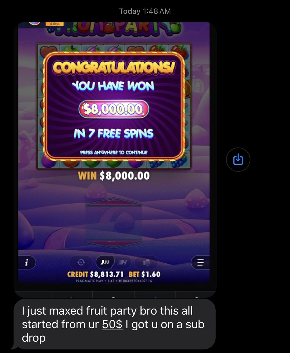 itswonkick's tweet image. I tipped a viewer $50 last night and he hit a max win on Fruit Party!

He cashed out $8,800 🤯