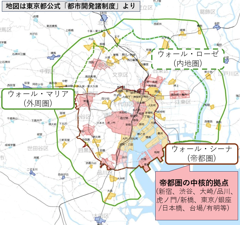 YamiKumaCEO's tweet photo. 東京都が定める3種類の壁がまるで進撃の巨人。

東京都の都市開発諸制度では、都市の活用方針に応じてゾーニング。

公式表現はマイルドであるものの、実質的にはコア中心部、内地、外周を示しており、割としっかりタワマン、マンション価格傾向と整合。

🏰 ウォール・シーナ（帝都圏）　皇居周辺、新宿/渋谷/大崎副都心、湾岸

🏡 ウォール・ローゼ（内地圏）　池袋、上野/浅草、錦糸町/亀戸、山手線北側（日暮里、駒込等）

🌲 ウォール・マリア（外周圏）　中野、王子、世田谷、大井町、新小岩、葛西

帝都圏で更に中核的拠点が定められており、対象は新宿、渋谷、大崎/品川、霞が関/永田町、虎ノ門/新橋、東京/銀座/日本橋、台場/有明等。

中核的拠点は東京都都市整備局の方針でも各地区ごとに再開発ガイドラインが策定されており、
それぞれを国際競争力強化や都市魅力向上の核となるべく官民で丁寧に開発される方向。
