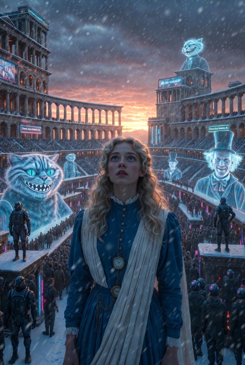 time_machine10's tweet image. In a snow-covered futuristic arena, Alice confronts massive holographic illusions of the Cheshire Cat and Mad Hatter, a haunting scene from her daring leap across timelines into a twisted Wonderland @elonmusk