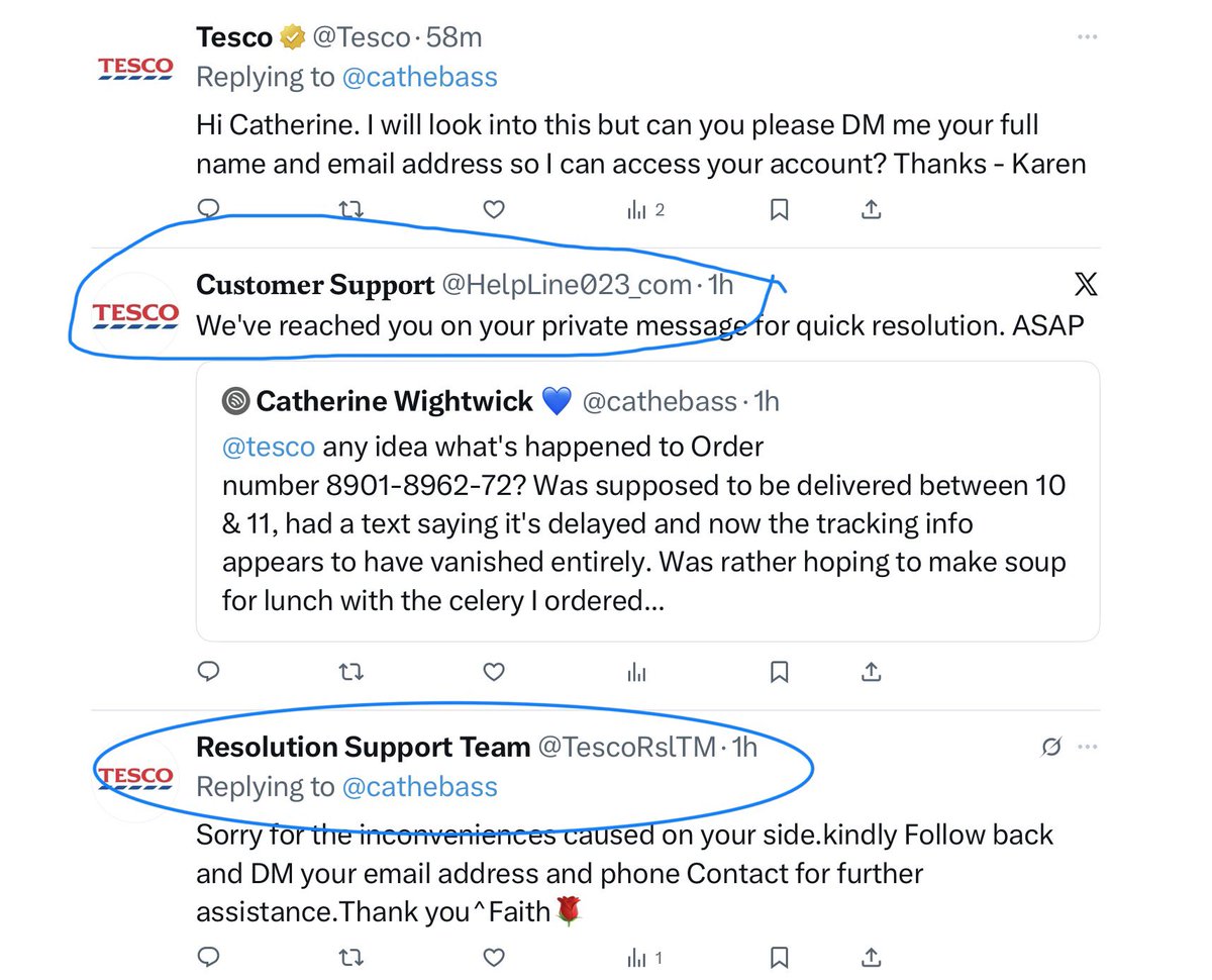 cathebass's tweet photo. @Tesco Thanks - I’ve now had this resolved by phoning Tesco customer services, but the 2 outfits who responded initially are, I believe, scammers. They wanted me to install WorldRemit on my phone and didn’t appear to have my order details to hand. https://t.co/Ec5aTnUq9P