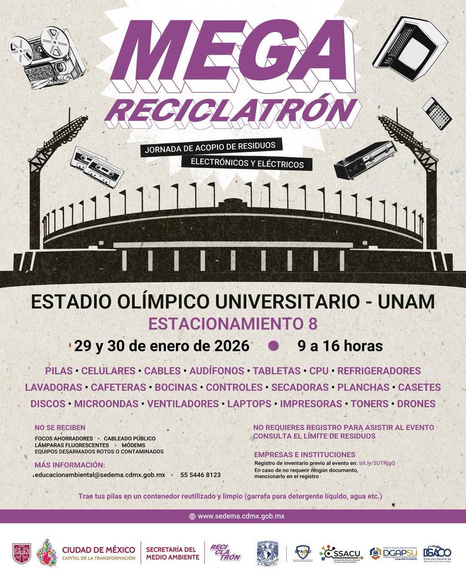 Se reciclan televisores, celulares, pilas o algo de basura electrónica que tengaaa... 🗣️ La primera edición en 2026 del #MegaReciclatrón tendrá sede en el #EOU, #QueNoSeTePase 👇.