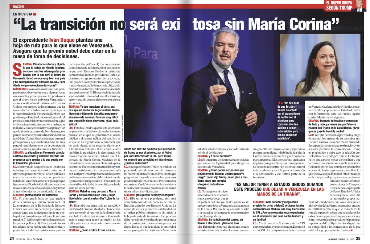 La transición democrática en Venezuela no será exitosa sin <a href="/MariaCorinaYA/">María Corina Machado</a> en la mesa de decisiones. Se necesita una hoja de ruta clara, rápida y con respaldo internacional para evitar el caos y garantizar la reconstrucción institucional.

Mi entrevista completa en <a href="/RevistaSemana/">Revista Semana</a>