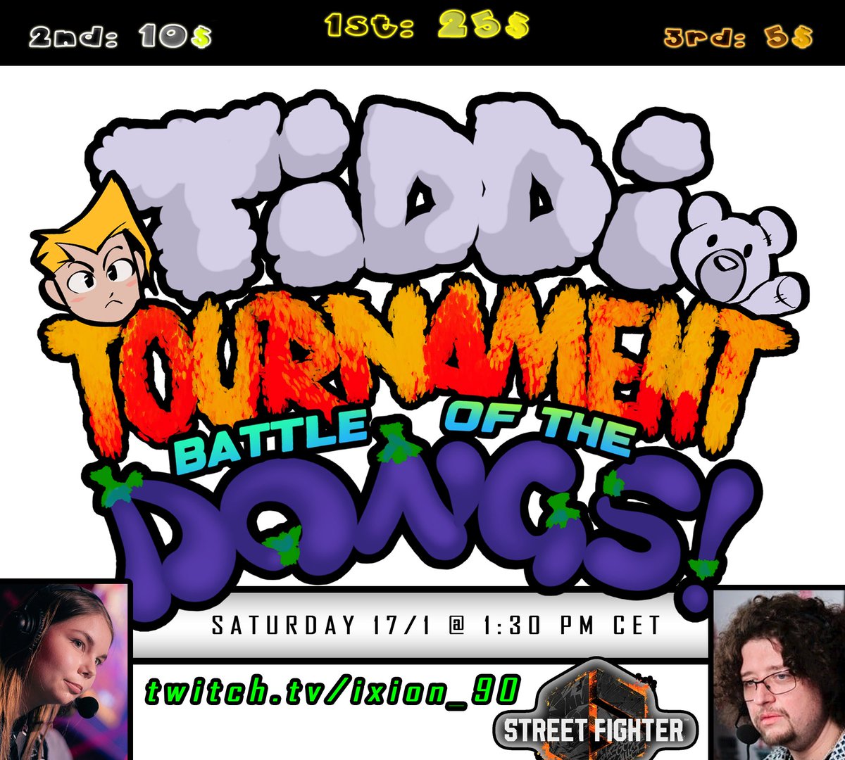 Ixion_90's tweet image. One week remaining until the 1st 
TIDDI 🐻‍❄️ TOURNAMENT!

Prizemoney:
1st: 25$ // 2nd: 10$ // 3rd: 5$

These are going to be monthly - on 
Saturdays 1:30 PM CET.

As commentators we got the PRO MAN @MajinTenshinhan 
and the PRO WOMAN
@Liv_FGC

Sign-up link in replies 👇