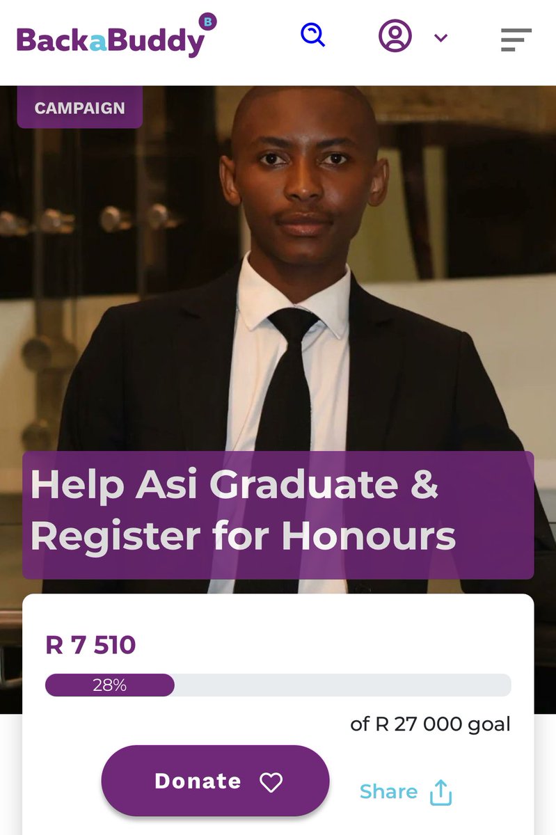 Thank you to everyone who has donated to my campaign so far, I’m truly grateful. Please continue sharing my campaign so it can reach the right people.

If 975 people can donate R20 each, we can reach our goal and help me register for honours at UCT. 

backabuddy.co.za/campaign/help-…