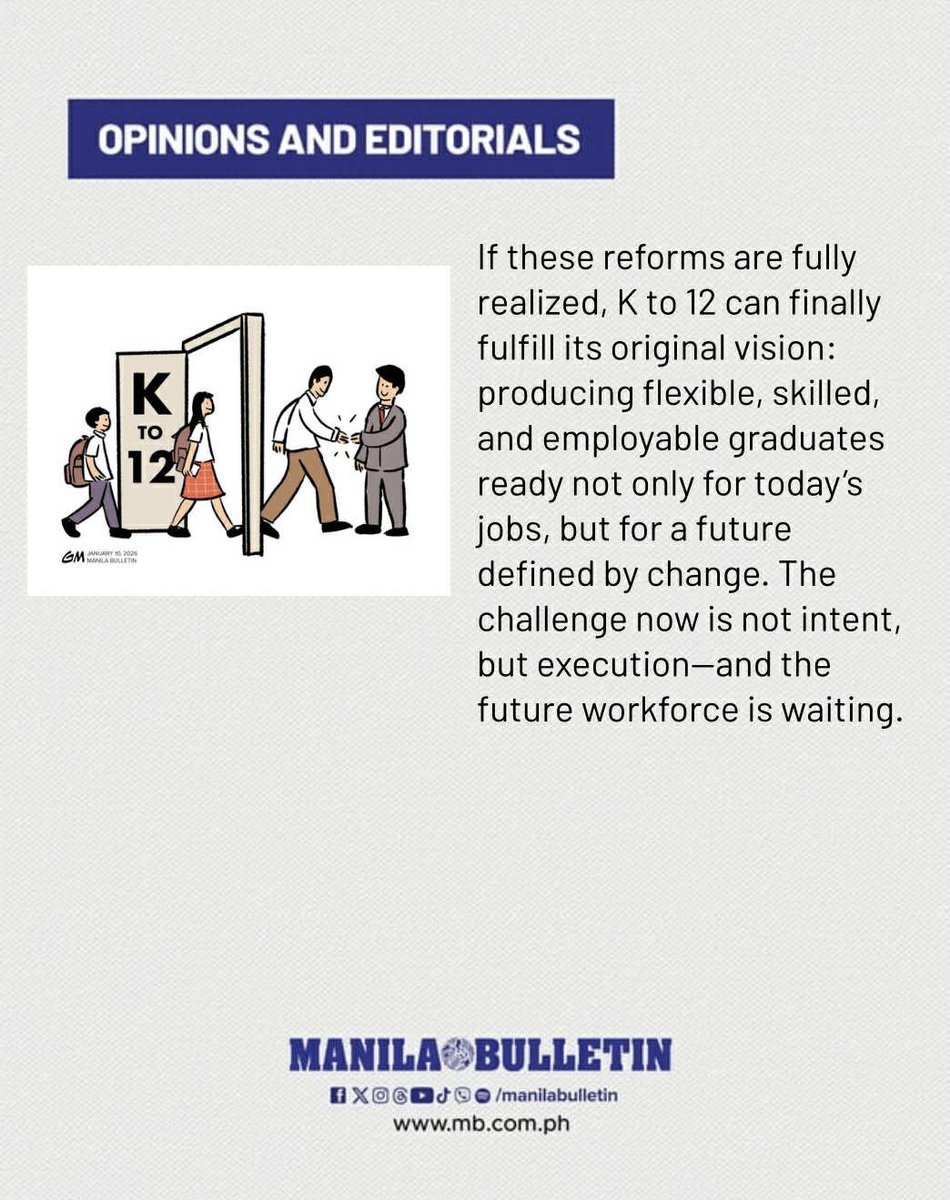 manilabulletin's tweet photo. When the K to 12 education system was introduced, one of its strongest promises was simple yet transformative: senior high school graduates would be job-ready. Years later, that promise has been widely questioned, even by President Marcos Jr. himself. But recent commitments from key education agencies suggest that government is finally confronting the gaps—and taking concrete steps to ensure that K to 12 delivers a workforce prepared for real, available jobs.
#MBOpinions 

READ: https://t.co/tozrda89K4