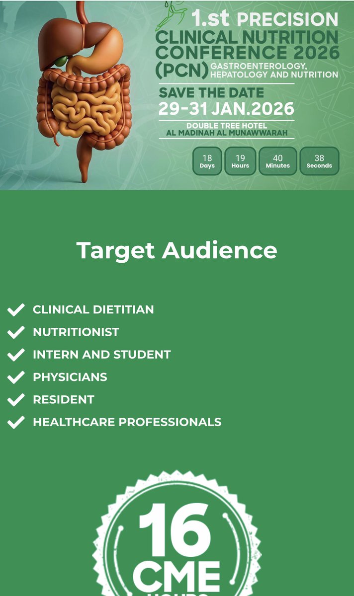 🚨 أخصائيين وأخصائيات وانتيرن #التغذية_العلاجية أعلن مستشفى الملك فيصل التخصصي ومركز الأبحاث بالمدينة المنورة عن :
 PCN 2026 | المؤتمر الأول للتغذية السريرية الدقيقة والذي سيقام بتاريخ 29-31 يناير 2026 
بواقع 16 ساعة تعليم طبي مستمر 

رابط التسجيل 📎
pcn-kfshrc-m.com