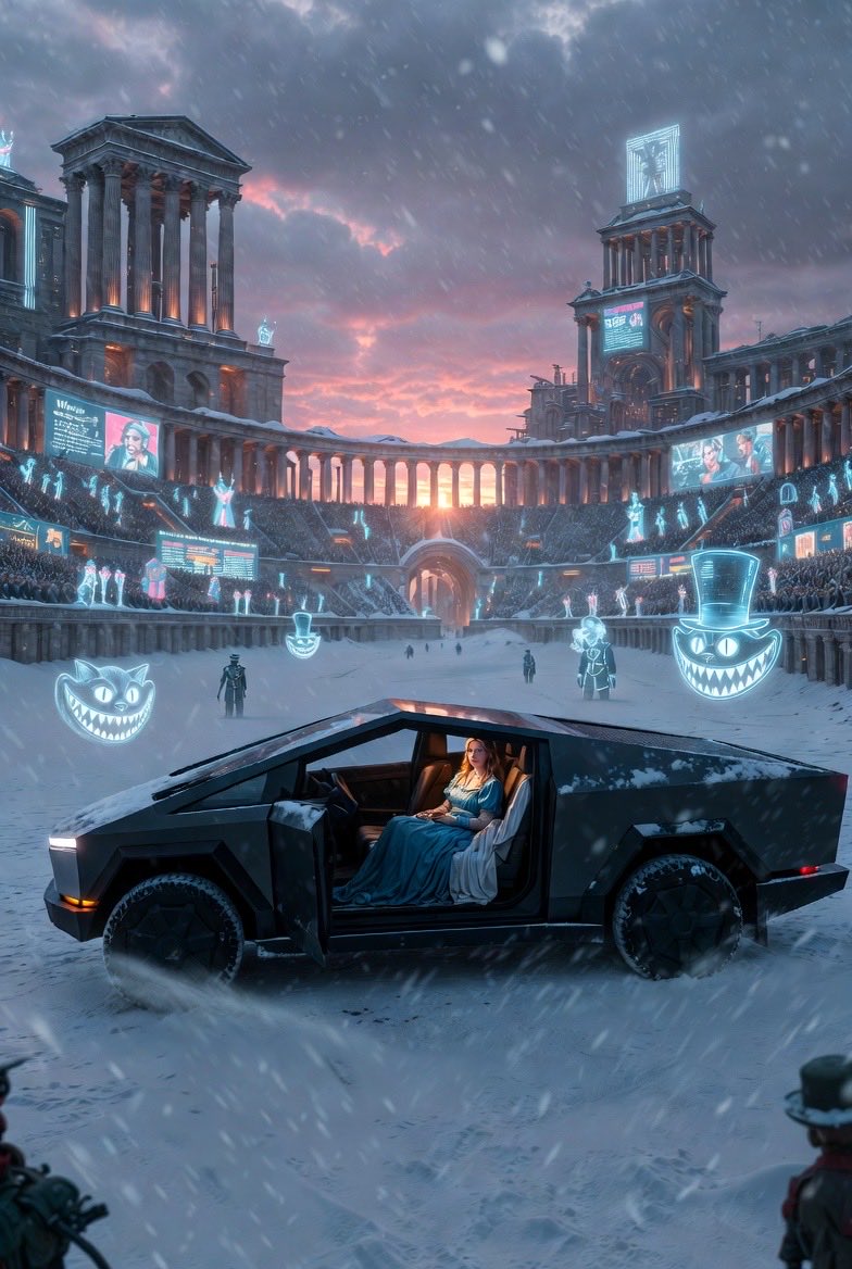 time_machine10's tweet image. Alice arrives in a futuristic Cybertruck time machine, stepping into a snowy ancient arena filled with glowing holographic Cheshire Cats and Mad Hatters during her wild journey through time. @elonmusk