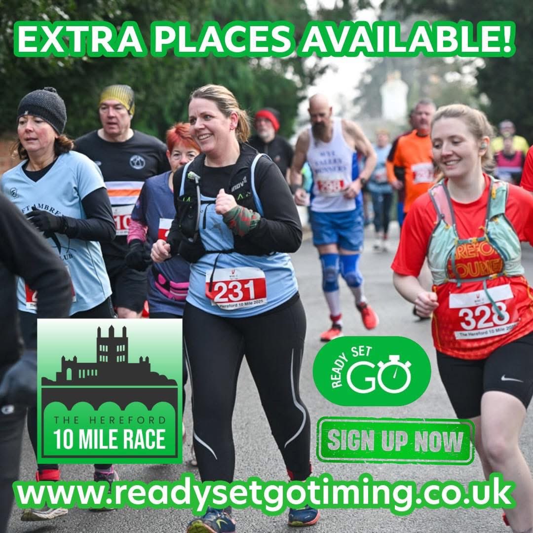 Be quick, only a handful of places left, you’ll need to register via the waiting list. 

📆 Sunday 15th February 2026 
🌳 🏃🏼‍♀️The Hereford 10 Mile Race🏃🏼‍♂️🌲 

For all the details and to sign up please visit 👇🏻 
readysetgotiming.co.uk/events