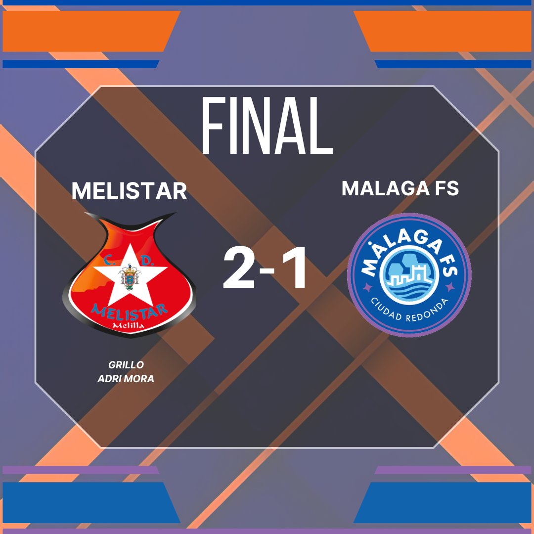 FINAAAAAAAL EN EL IMBRODAAA

<a href="/Melistar_FS/">MELISTAR FS - Melilla Ciudad del Deporte</a> 2-1 <a href="/MalagaFS/">Heredia 21 Málaga Ciudad Redonda FS</a> 

Espectacular victoria ante el equipazo malagueño. Tras llegar al descanso sin goles, el líder se adelantó en el segundo tiempo.
Los goles de Grillo y Adri Mora en su debut y un increíble Gonzalo dejan el +3 en casa.