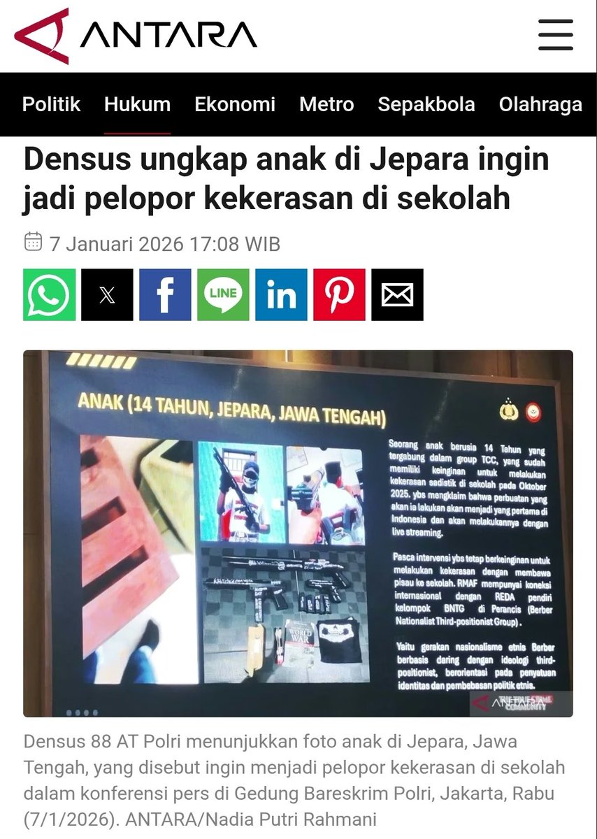 Di Jepara itu ada seorang anak berusia 14 thn yg juga ingin menjadi pelopor kekerasan di sekolah, kemudian akan meng-upload aksinya ke komunitas mereka. 

Alhamdulillah rencana anak tsb bisa dicegah. Kasus itu skrg ditangani oleh Densus 88 bersama dgn Polda Jawa Tengah.